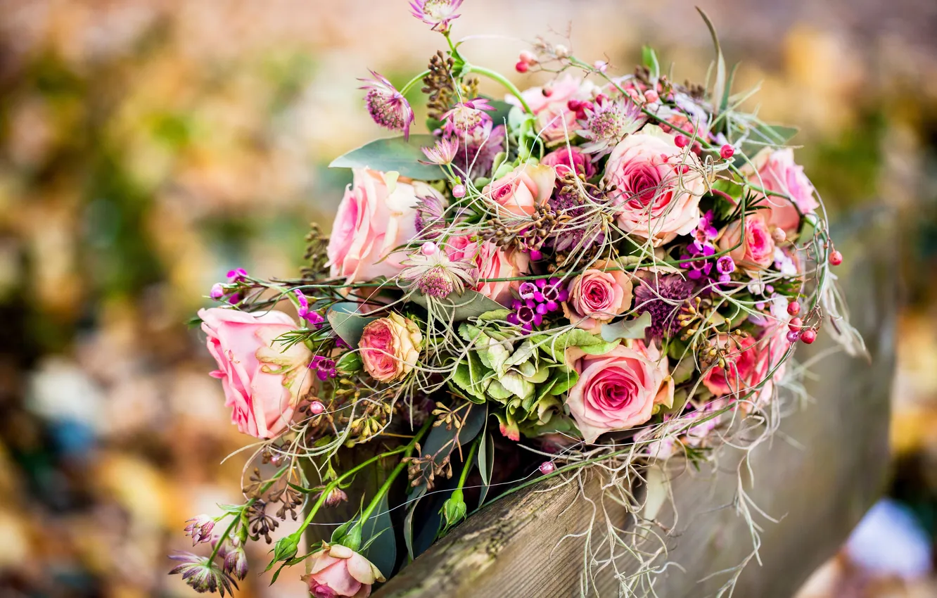 Photo wallpaper leaves, flowers, roses, bouquet, pink