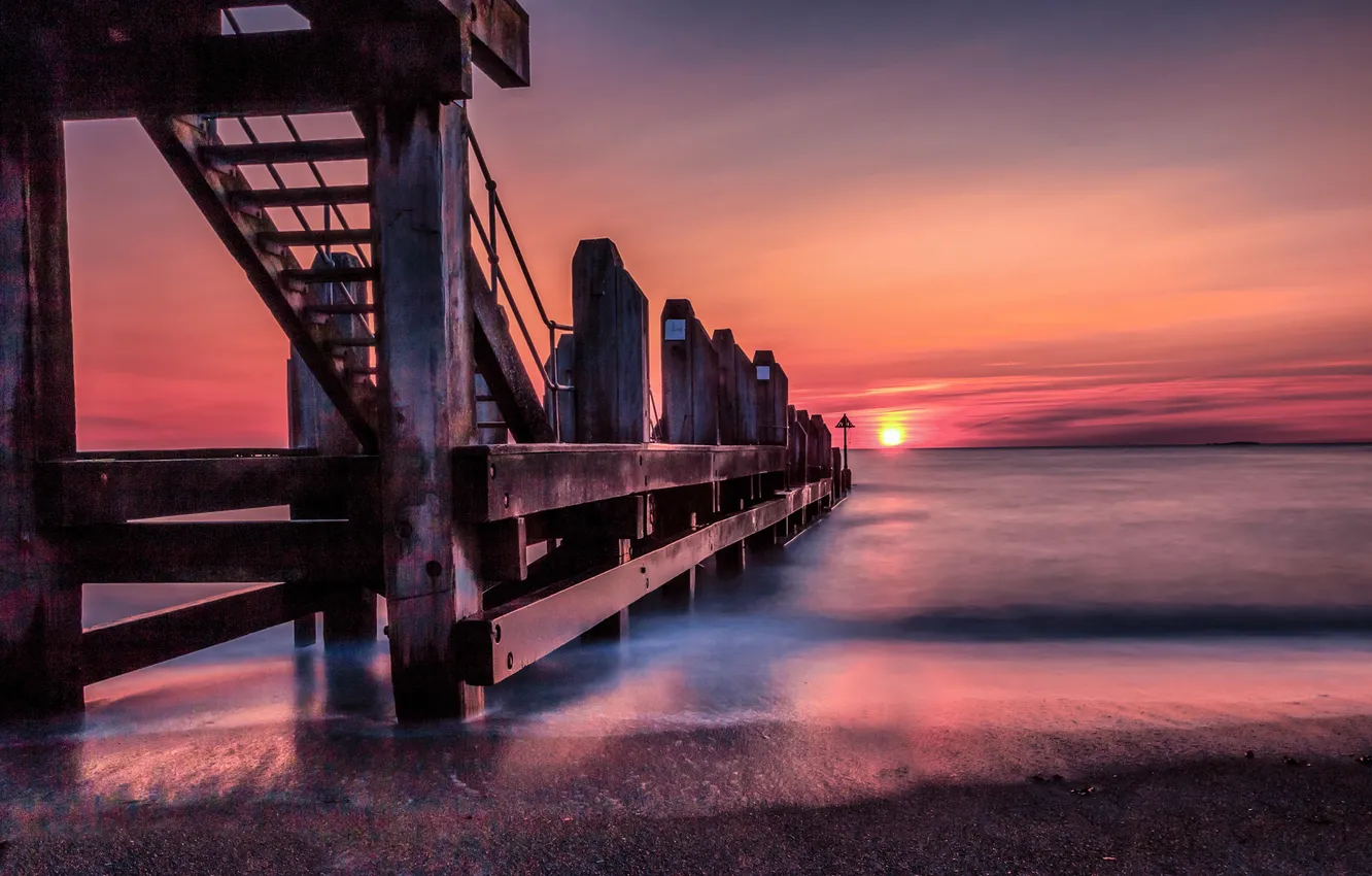 Photo wallpaper sea, sunset, bridge
