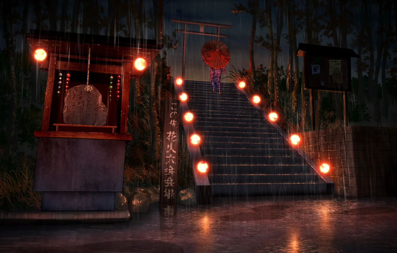 Photo wallpaper girl, rain, the evening, umbrella, temple, traditional clothing, torii
