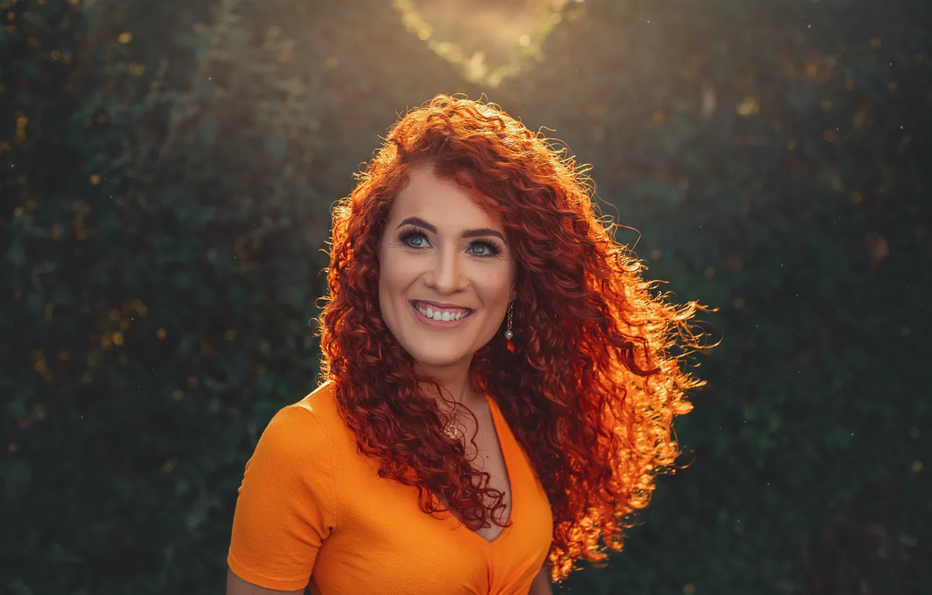 Photo wallpaper look, smile, earrings, red hair, red hair, smile, look, green foliage