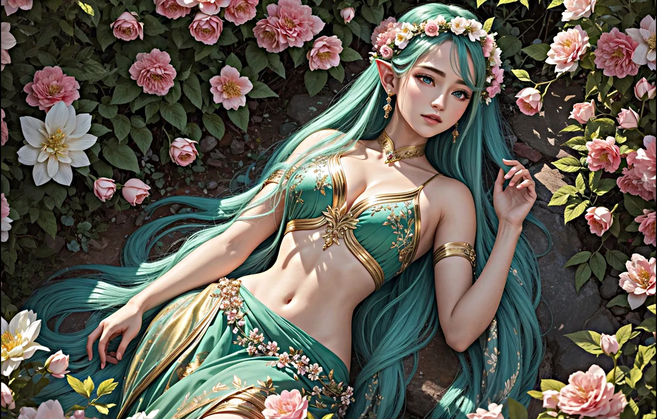 Photo wallpaper look, girl, pose, elf, AI art, neural network