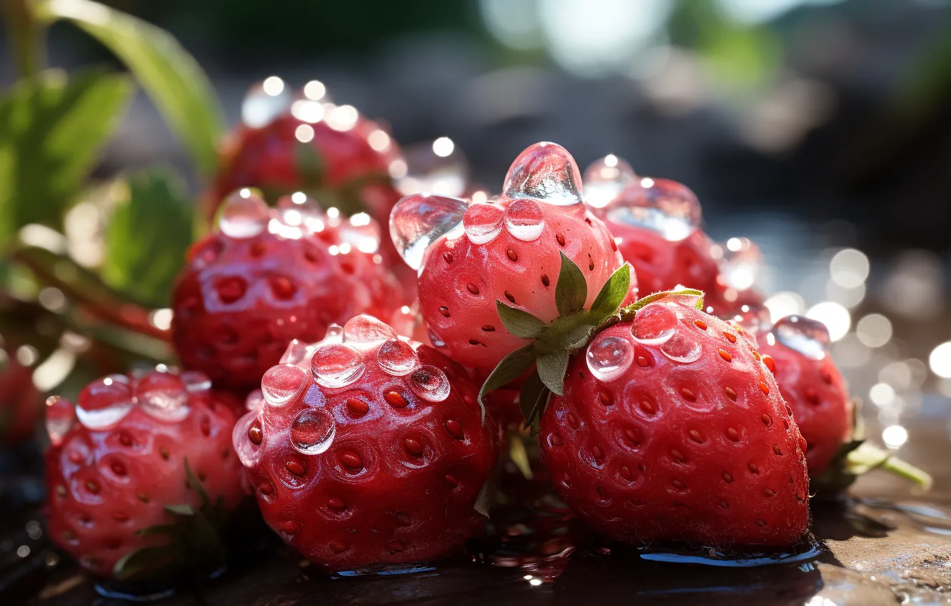 Photo wallpaper water, drops, light, berries, moisture, strawberry, pink, bokeh