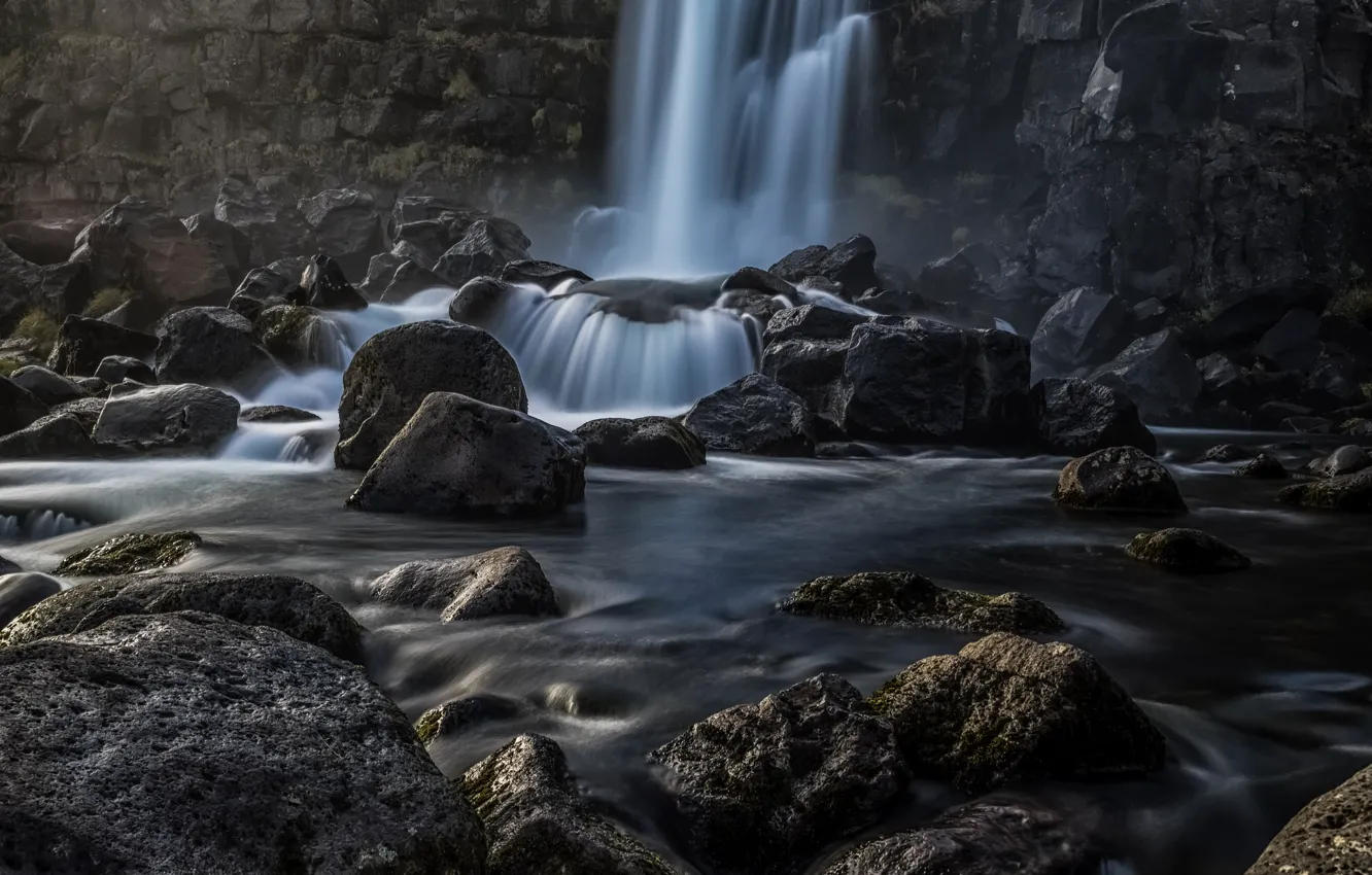 Photo wallpaper squirt, rock, stones, waterfall, stream, Iceland