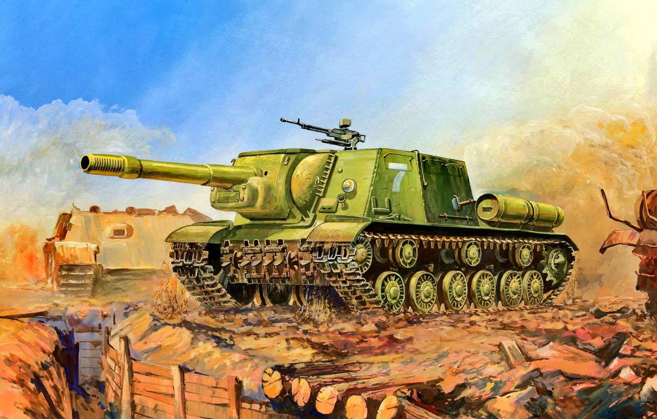 Photo wallpaper SAU, The red army, ISU-152, Soviet, Heavy, The trench, 152 mm howitzer-gun ML-20