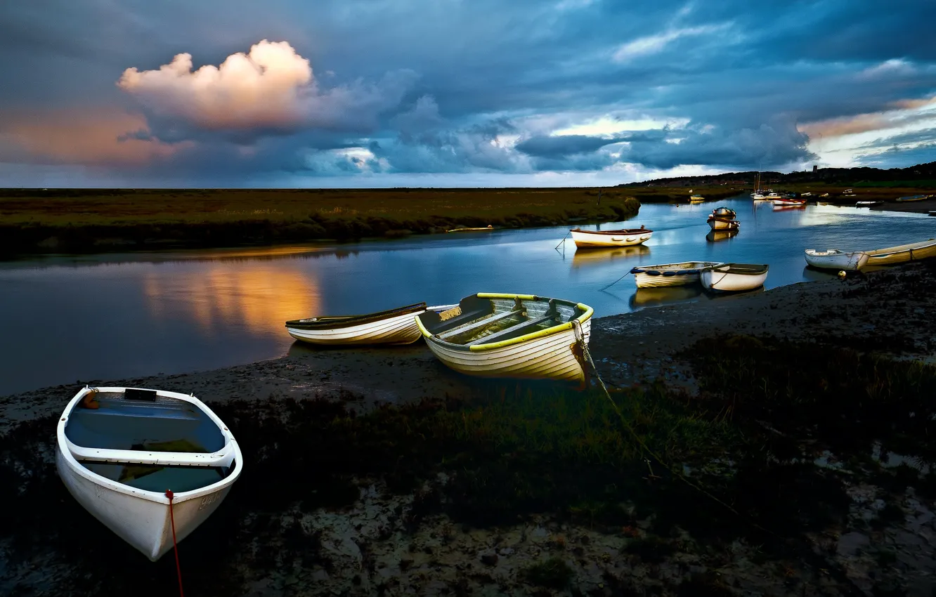 Photo wallpaper the sky, clouds, light, clouds, reflection, river, shore, boat