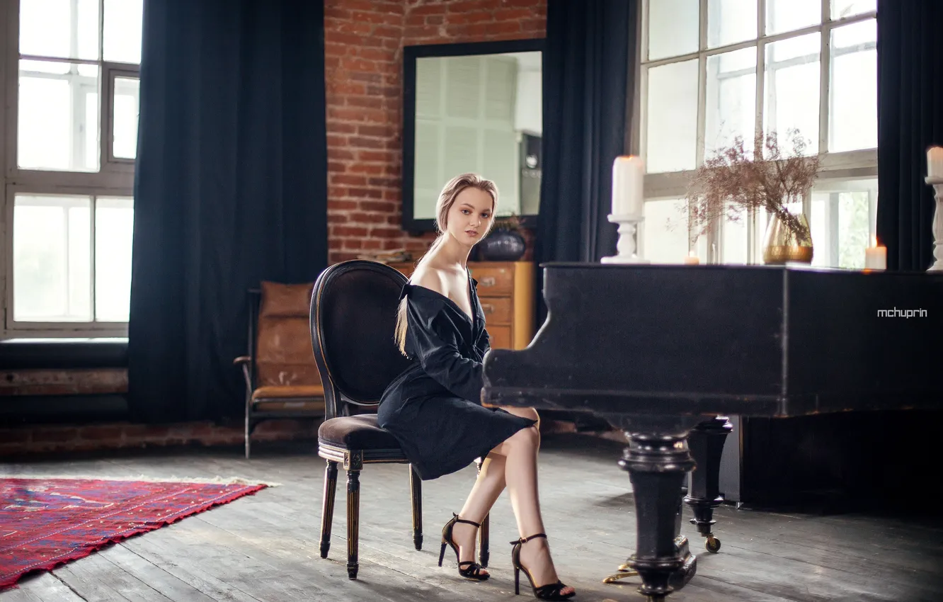 Photo wallpaper dress, plan, model, chair, women, window, blonde, mirror