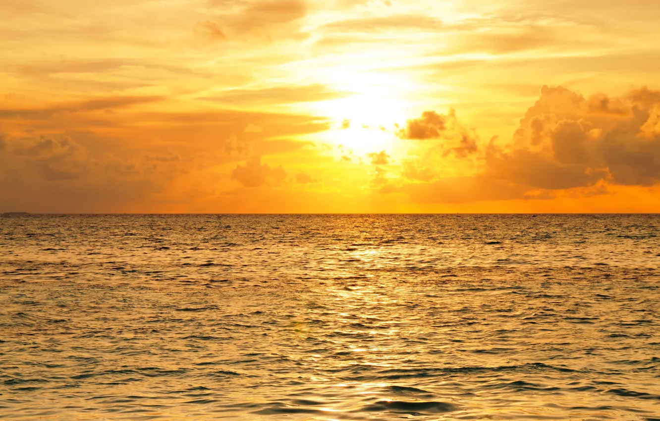 Photo wallpaper sea, the sky, the sun, clouds, horizon, glow, The Maldives