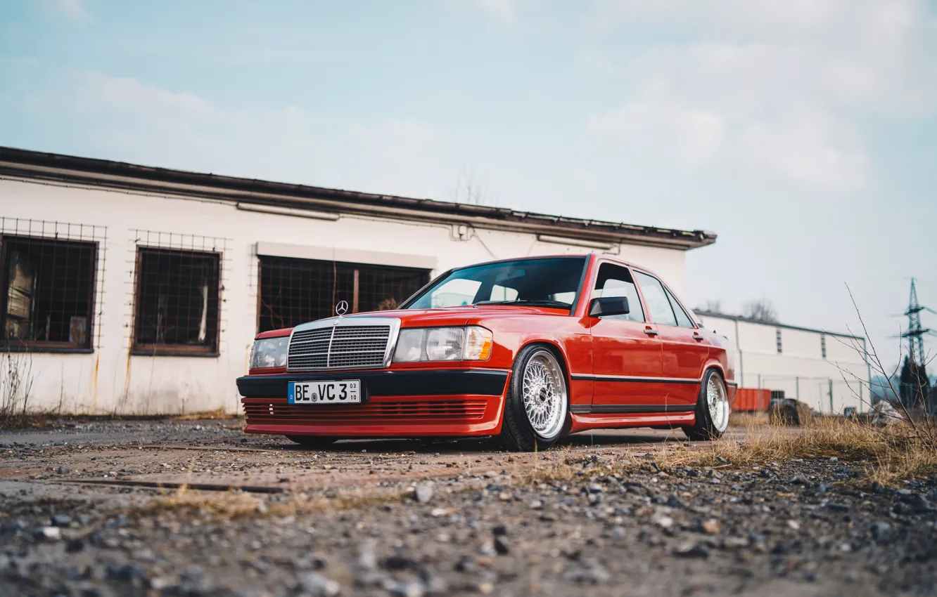Photo wallpaper Mercedes, red, Mercedes - Benz, stance, 190E, Mercedes 190E