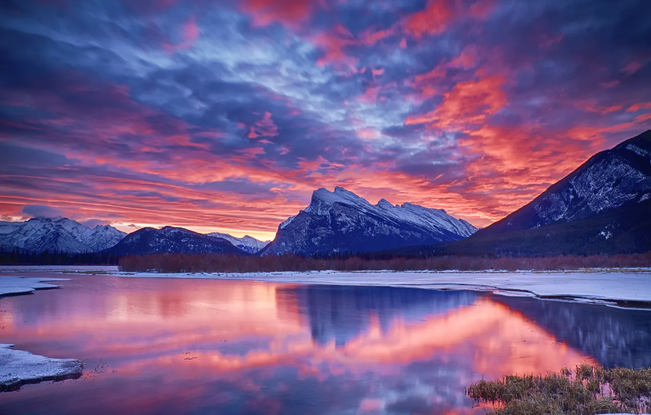 Photo wallpaper winter, the sky, clouds, snow, mountains, lake, glow