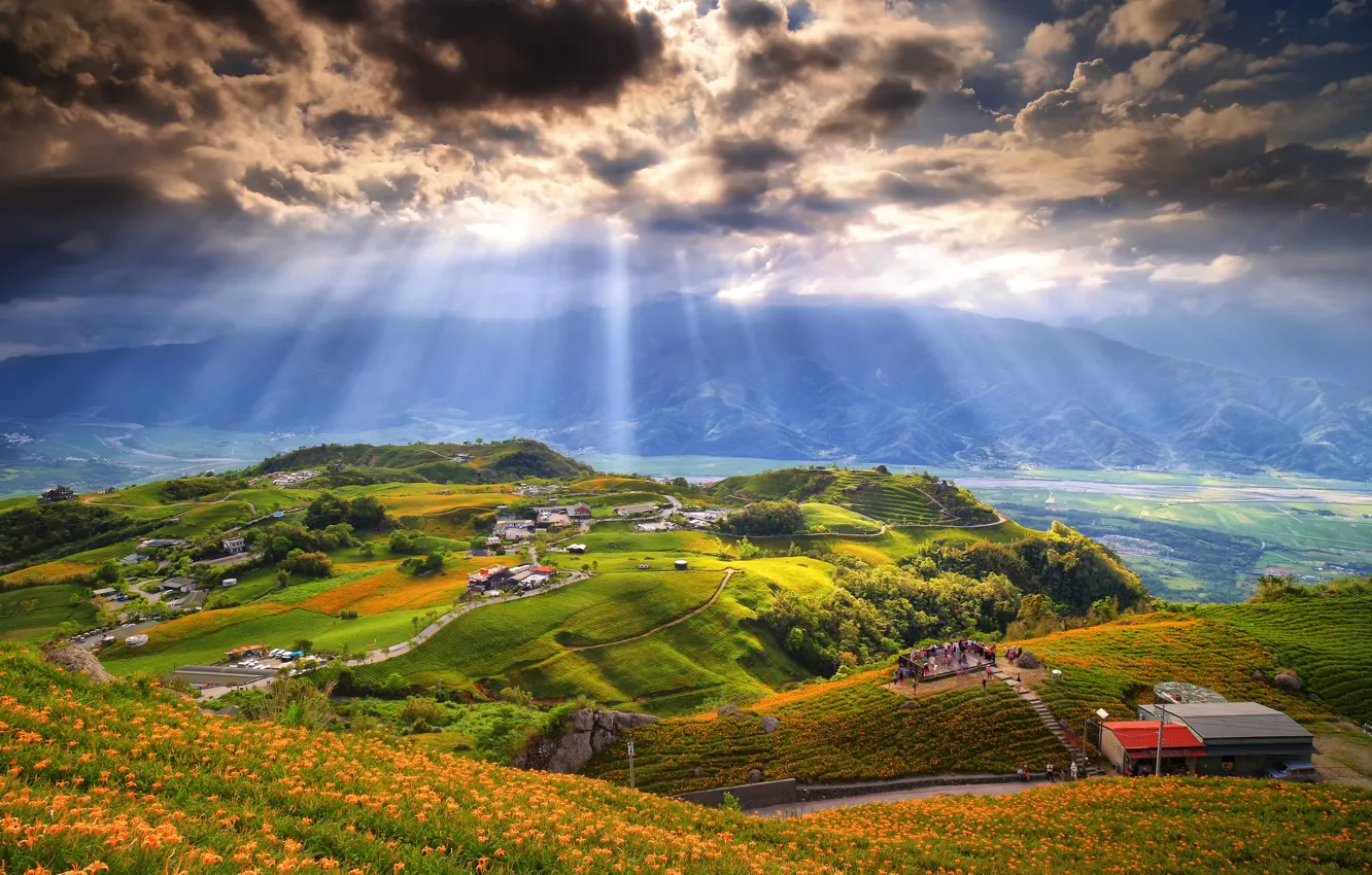 Photo wallpaper the sky, rays, trees, mountains, clouds, people, home, valley