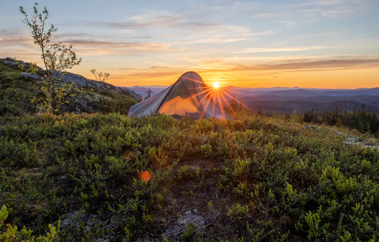Photo wallpaper the sky, the sun, clouds, rays, light, mountains, dawn, vegetation