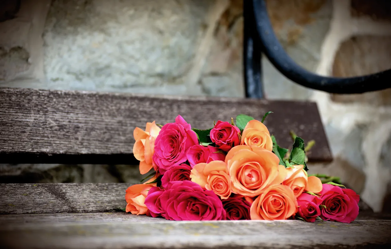Photo wallpaper flowers, roses, bouquet, bench