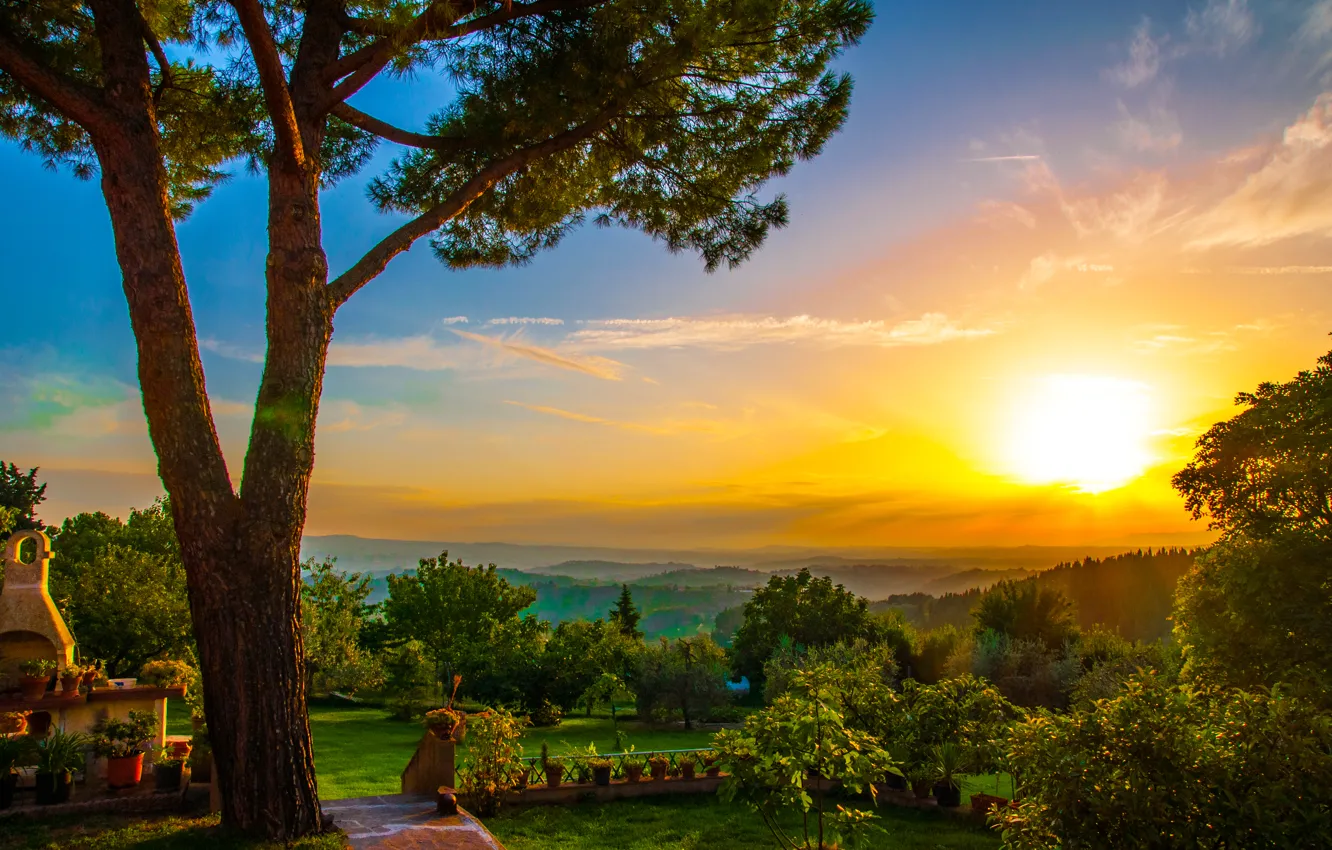 Photo wallpaper Sunset, Panorama, Italy, Italy, Sunset, Tuscany, Italia, Panorama