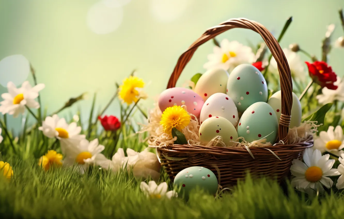 Photo wallpaper flowers, basket, glade, eggs, spring, colorful, Easter, flowers