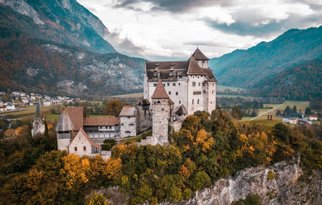 Photo wallpaper autumn, forest, mountains, castle, Liechtenstein, Liechtenstein, Gutenberg Castle, Gutenberg