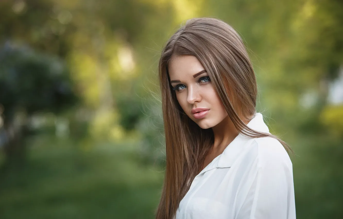 Photo wallpaper look, pose, model, portrait, makeup, hairstyle, blouse, brown hair