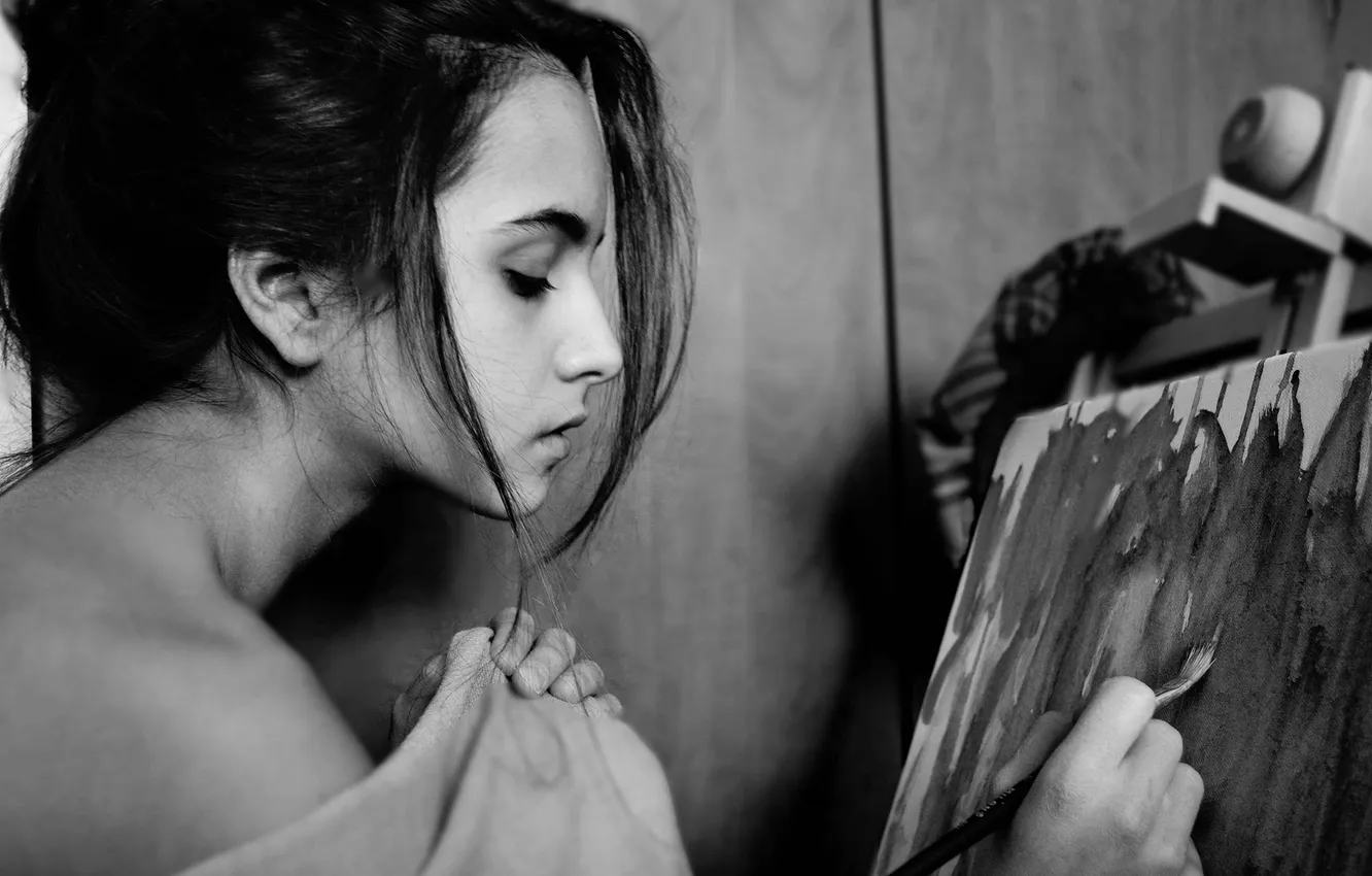 Photo wallpaper macro, face, hair, b/W, brush, canvas, artist