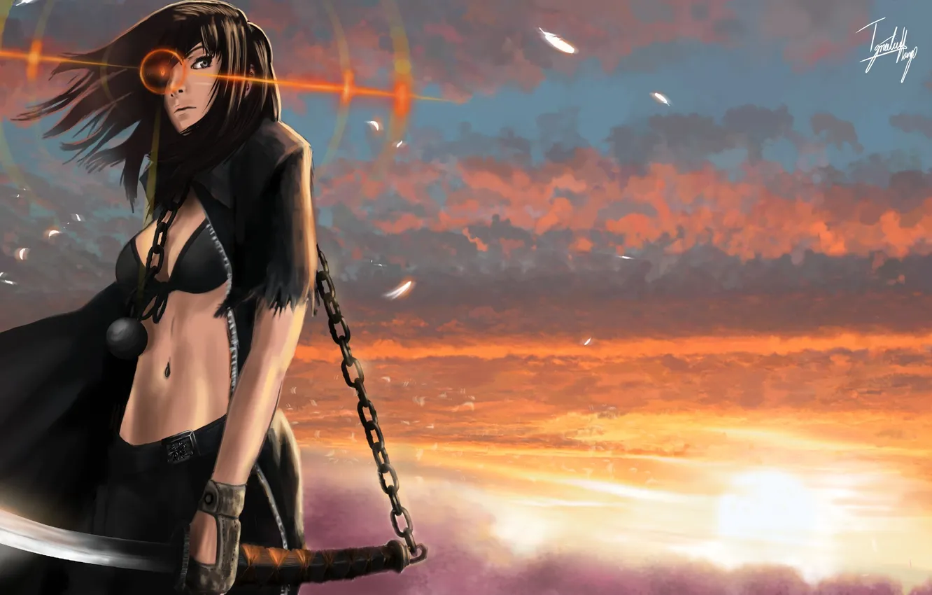 Photo wallpaper sea, wave, the sky, look, girl, weapons, fiction, bird