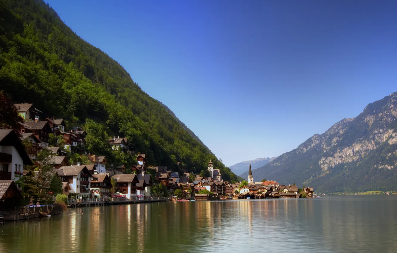 Photo wallpaper forest, the sky, water, mountains, the city, home, Austria, Austria