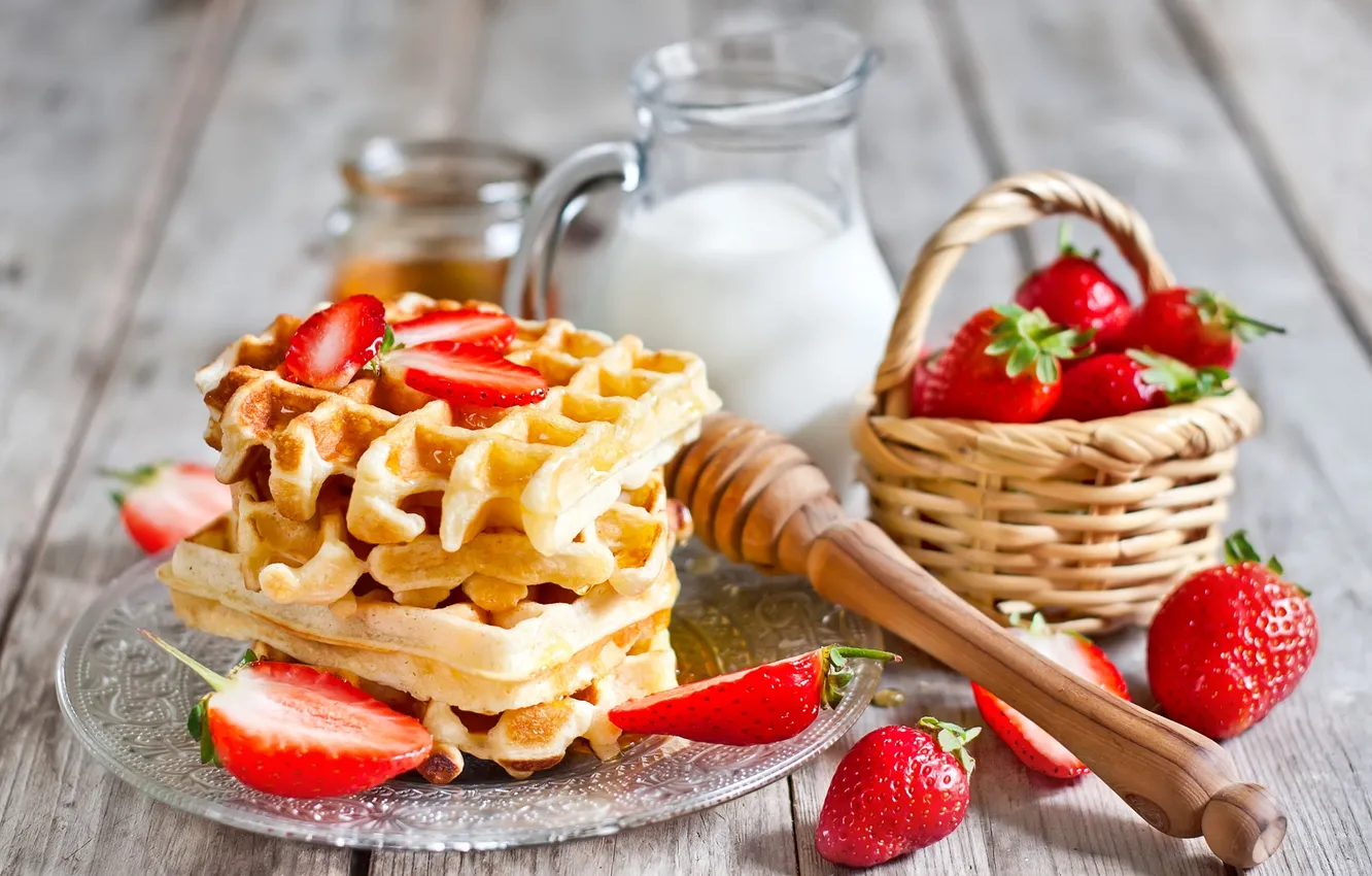 Photo wallpaper milk, strawberry, honey, waffles