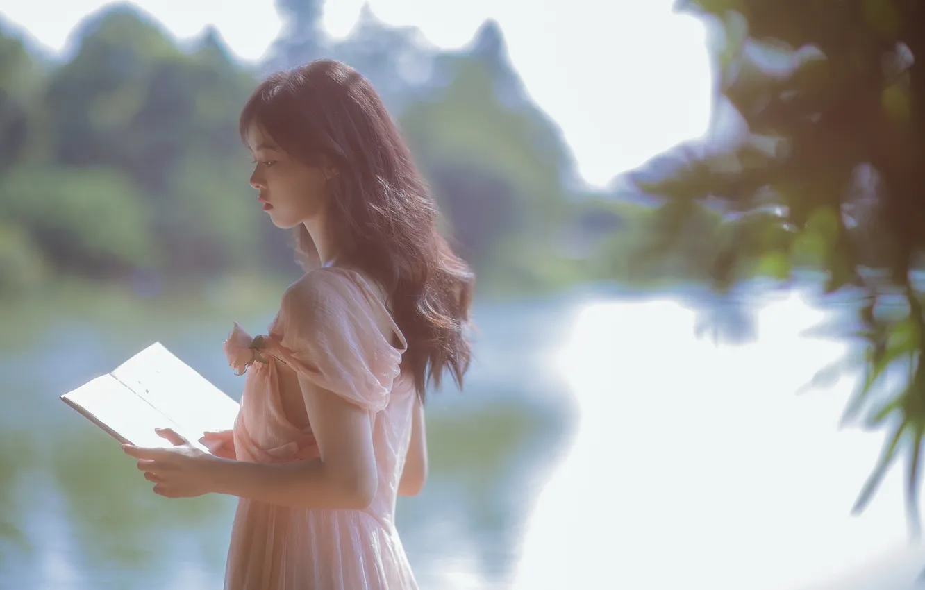 Photo wallpaper woman, water, beautiful, lake, model, pretty, book, asian