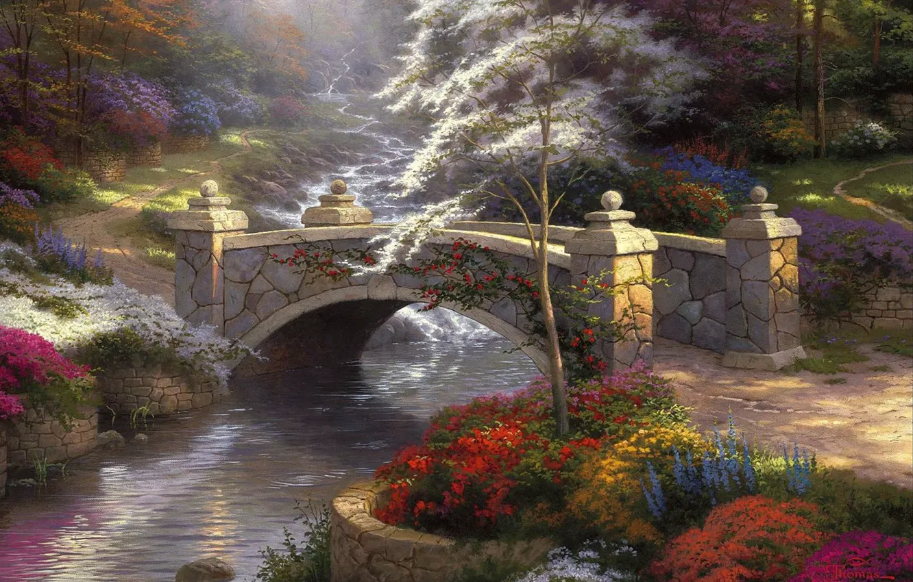 Photo wallpaper bridge, nature, river, painting, the bridge, nature, bridge, Thomas Kinkade