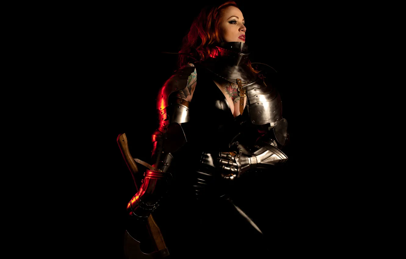 Photo wallpaper girl, armor, warrior, axe, tattoo