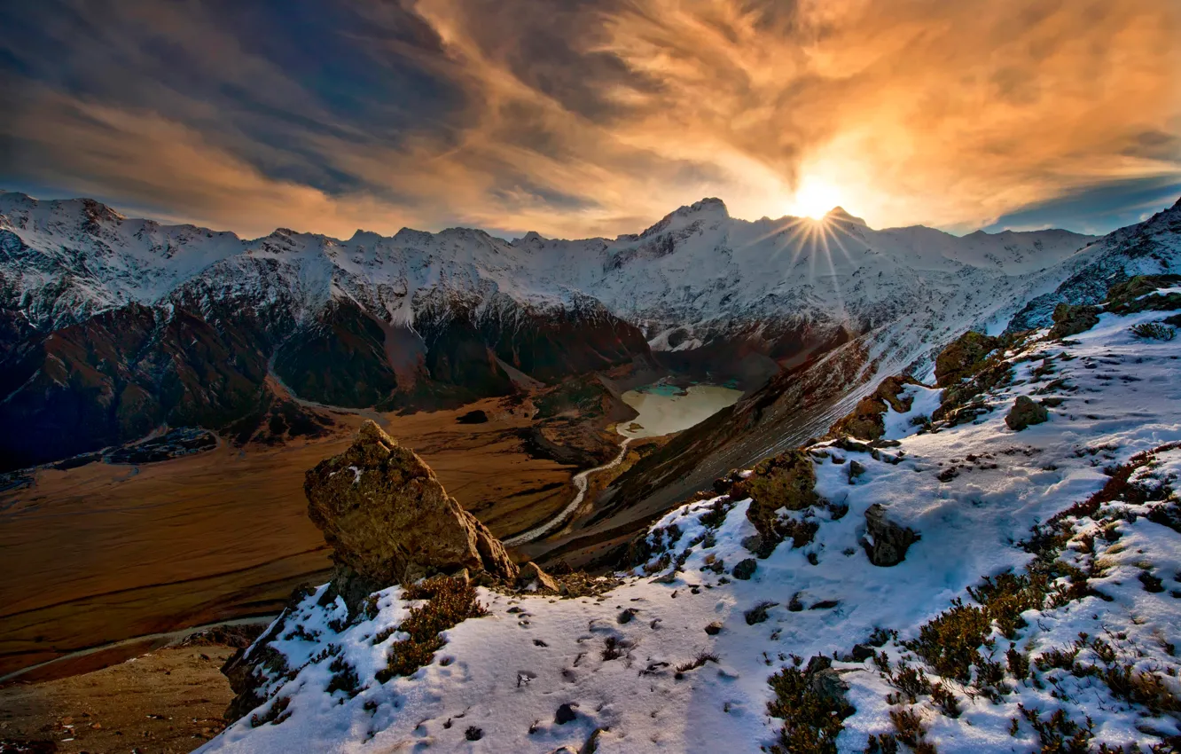 Photo wallpaper the sun, snow, mountains
