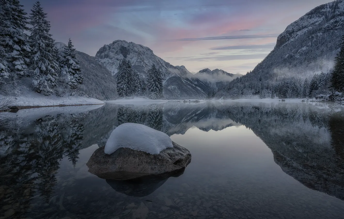 Photo wallpaper winter, frost, clouds, snow, mountains, fog, lake, reflection