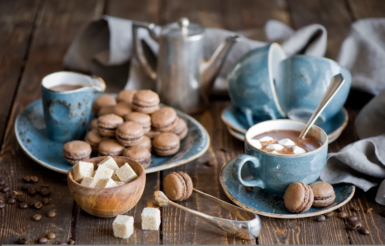 Photo wallpaper kettle, mugs, still life, hot chocolate, pasta, marshmallows, coffee beans
