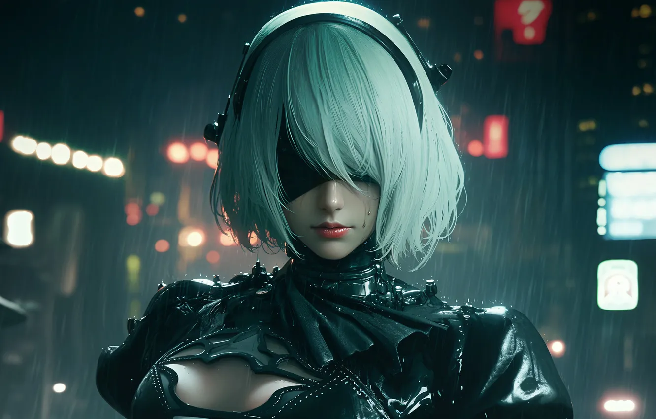 Photo wallpaper rain, CGI, androids, 2B (Nier Automata), Mania Carta, AI art, covered eye(s)