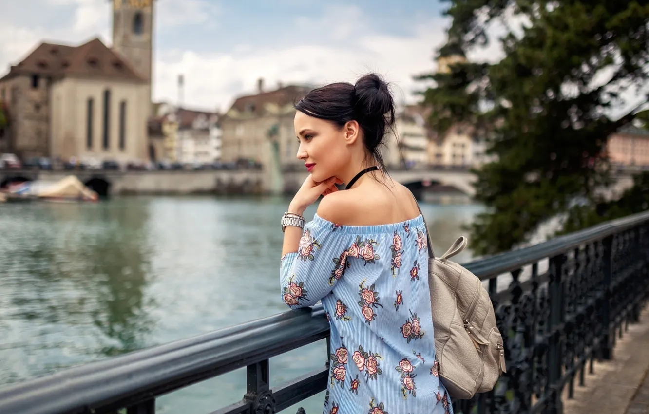 Photo wallpaper summer, girl, the city, river, street, model, hairstyle, beautiful