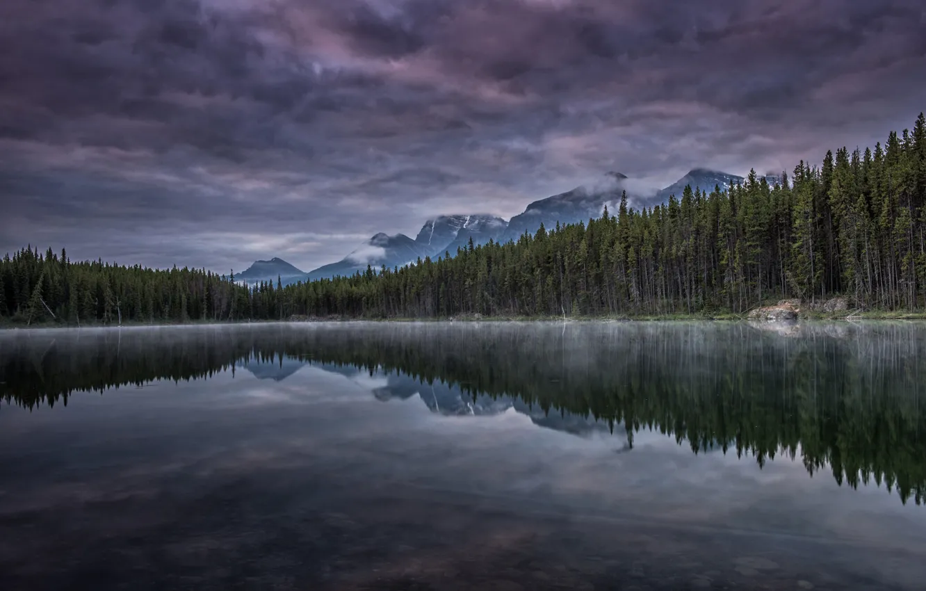 Photo wallpaper the sky, clouds, trees, mountains, lake, reflection, the evening