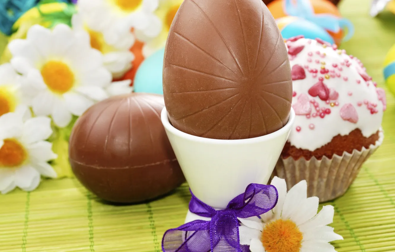 Photo wallpaper photo, Chocolate, Chamomile, Easter, Eggs, Holiday, Food, Bow