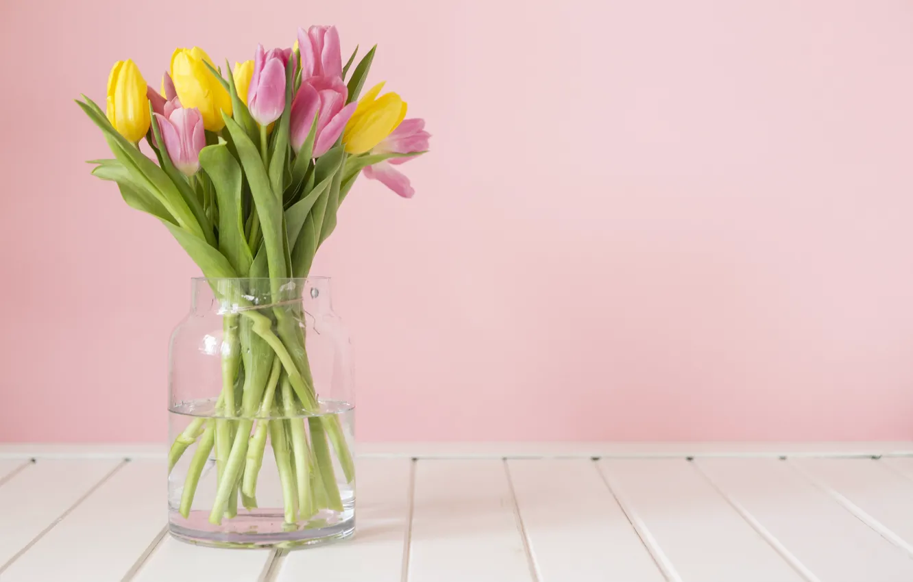 Photo wallpaper table, spring, tulips, vase, pink background, yellow tulips, pink tulips