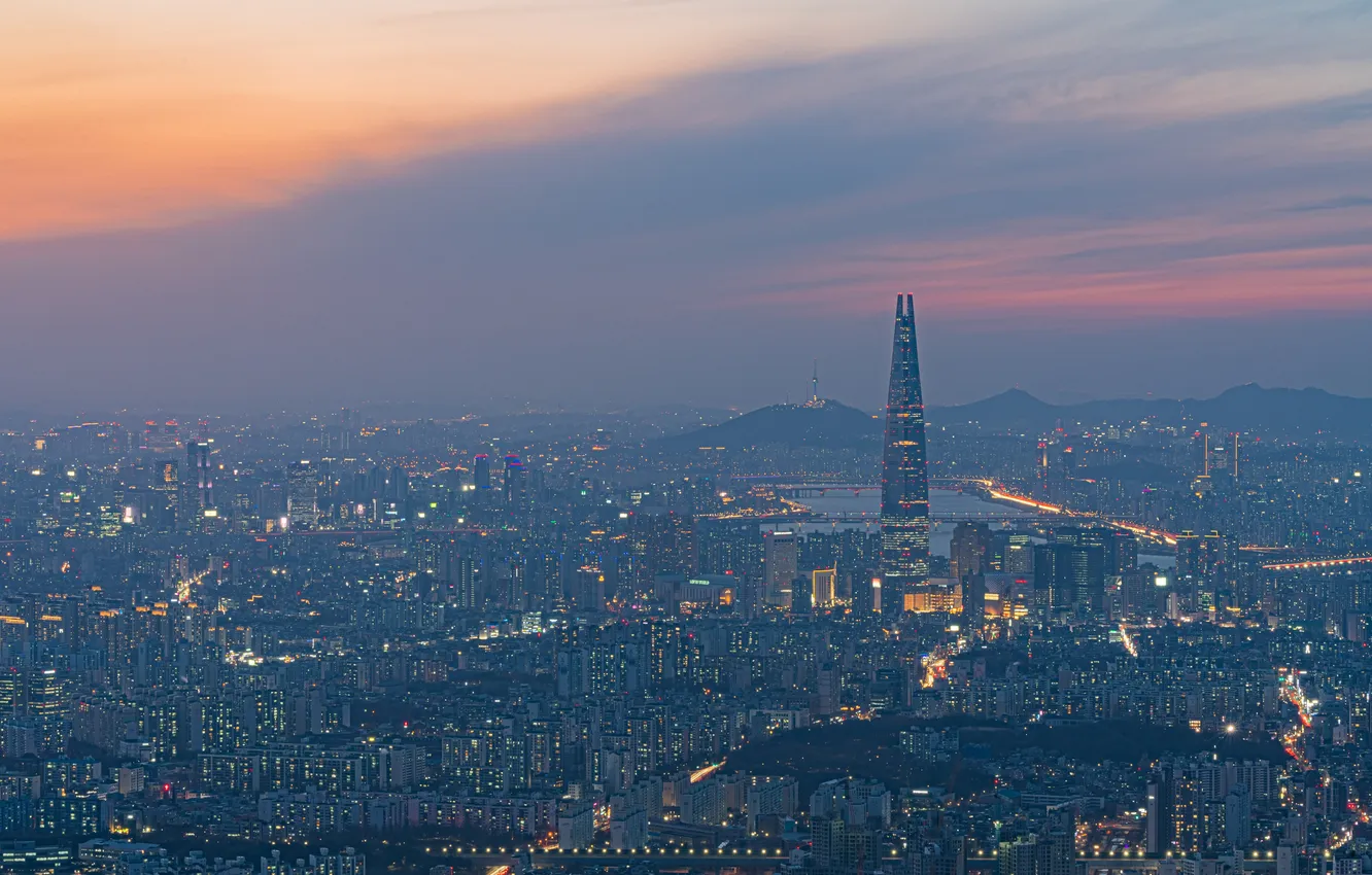 Photo wallpaper skyscrapers, megapolis, Seoul, South Korea, bird's-eye view