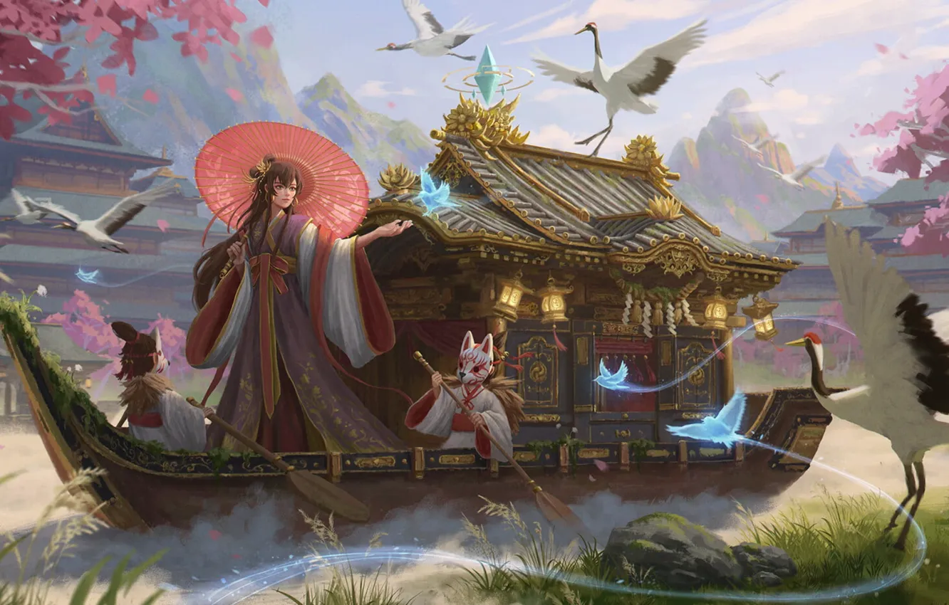 Photo wallpaper boat, people, gesture, digital art, fantasy art, a wave of the hand, Shusei Sasaya, Shusei …