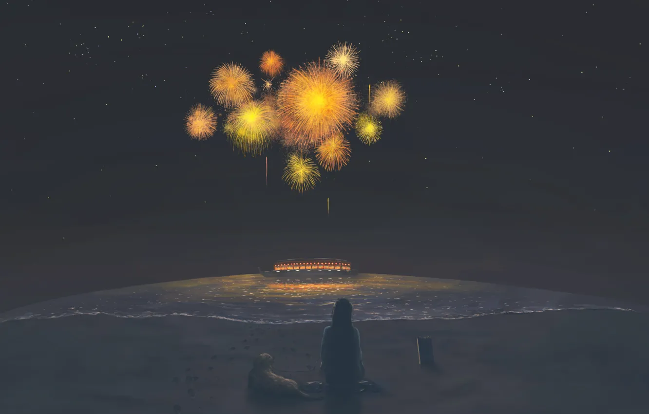 Photo wallpaper sea, the sky, night, ship, dog, girl, fireworks