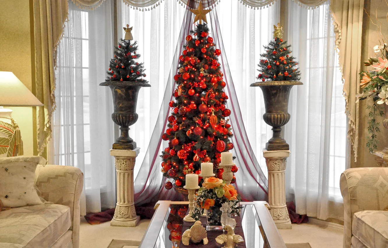 Photo wallpaper sofa, holiday, lamp, tree, candles, New Year, Christmas, vase