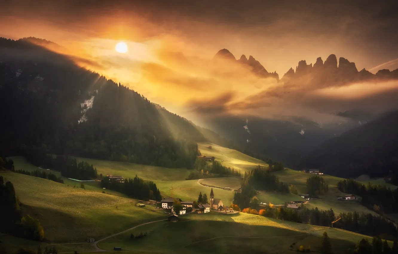 Photo wallpaper field, forest, the sun, mountains, Alps, Church, haze, house