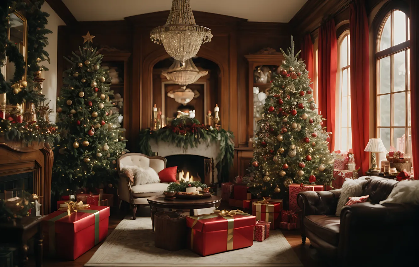 Photo wallpaper decoration, room, gift, balls, tree, new year, interior, Christmas