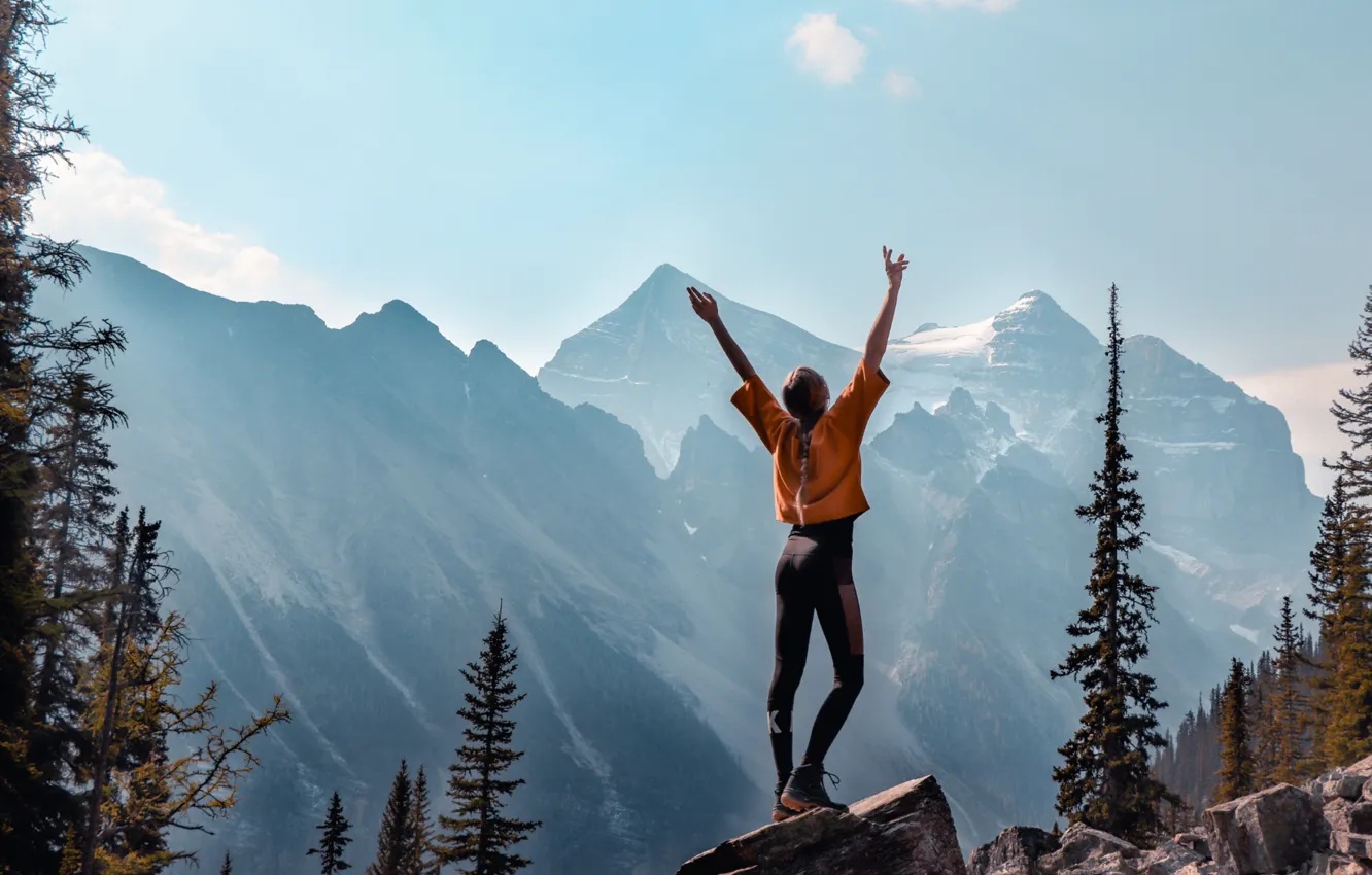 Photo wallpaper the sky, girl, mountains, mood, victory, sport, tree, success