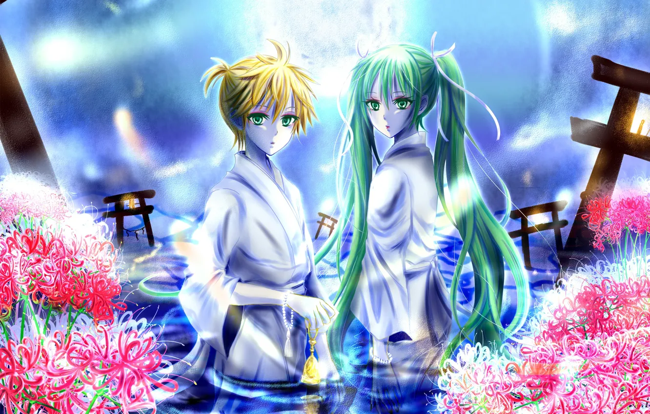 Photo wallpaper girl, flowers, anime, art, guy, Vocaloid, Vocaloid, characters