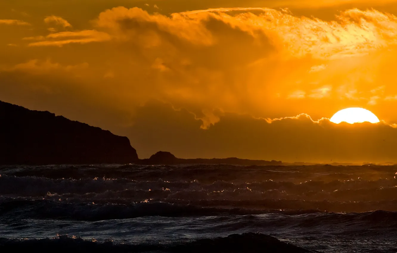 Photo wallpaper sea, wave, sunset