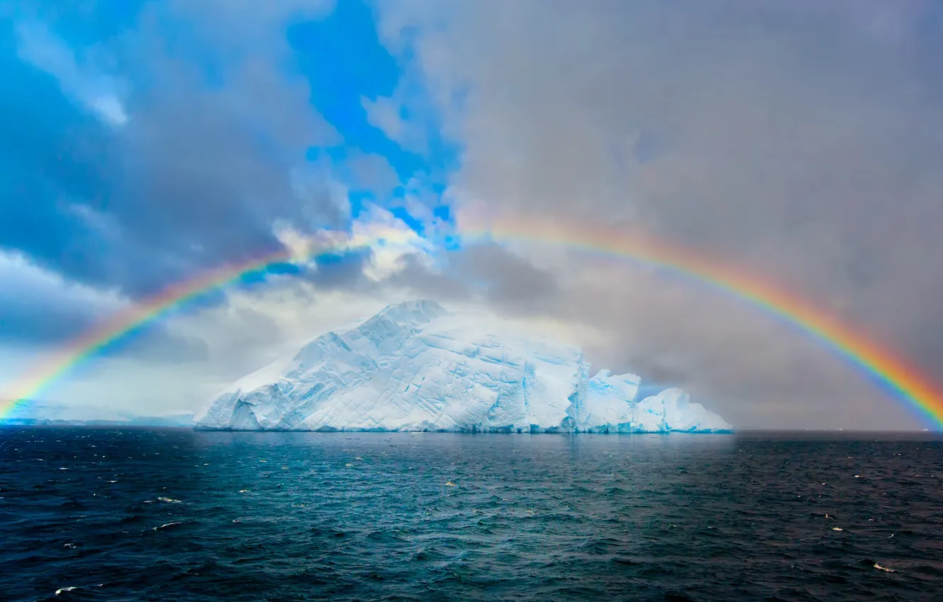 Photo wallpaper sea, the sky, clouds, the ocean, ice, rainbow, glacier, iceberg