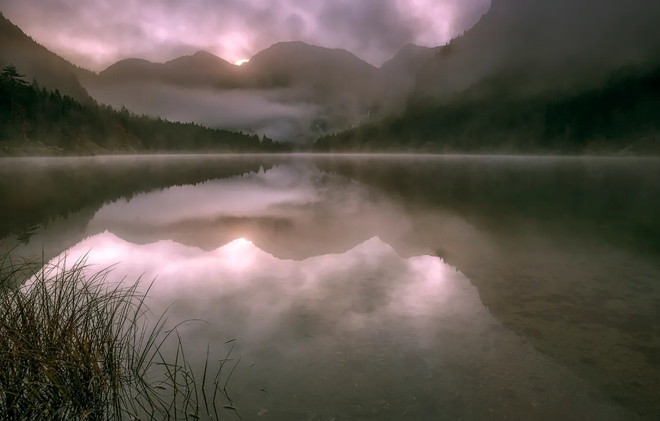 Photo wallpaper mountains, fog, lake, dawn, morning, Austria