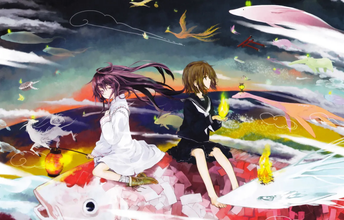 Photo wallpaper the sky, girl, clouds, lights, bird, horse, fish, anime