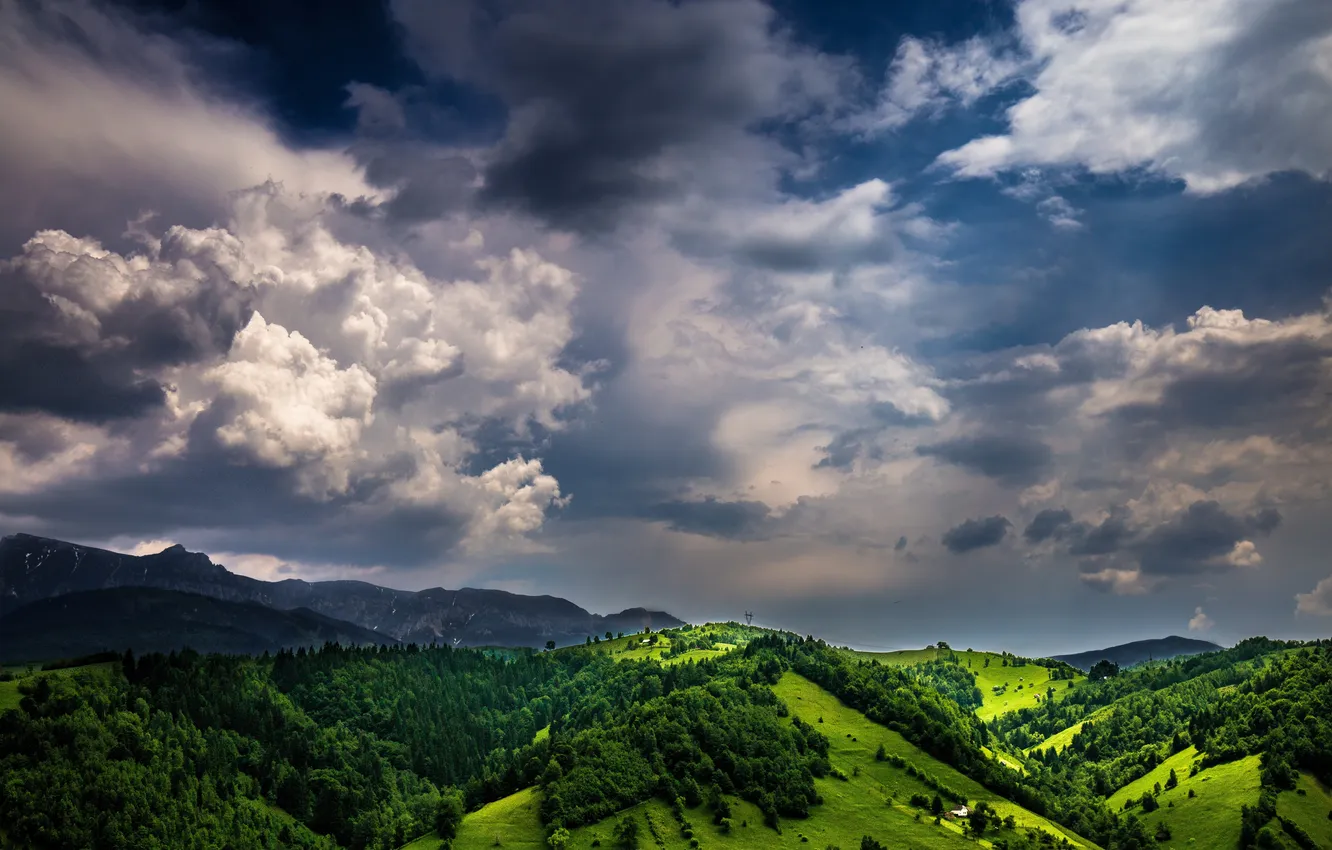 Photo wallpaper the sky, clouds, mountains, green, horizon