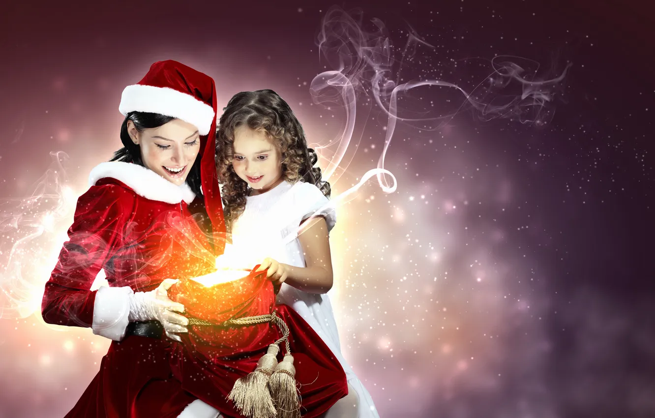 Photo wallpaper girl, decoration, smile, holiday, gift, toy, new year, package