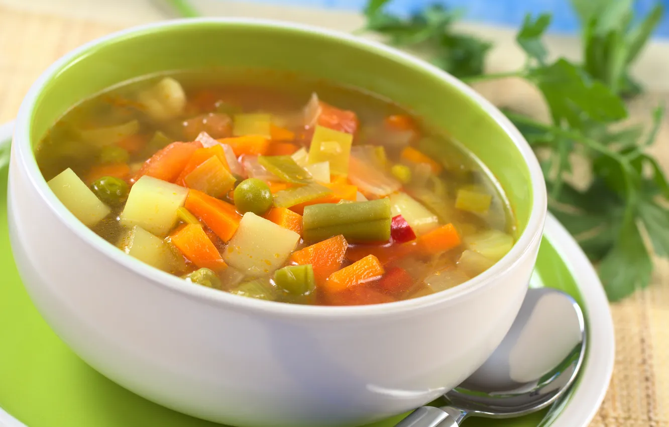 Photo wallpaper greens, polka dot, carrot, plate, spoon, soup, vegetables, potatoes